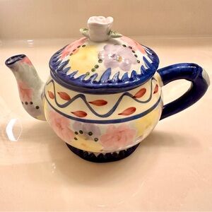 Handprinted Floral Ceramic Teapot with Blue Accents